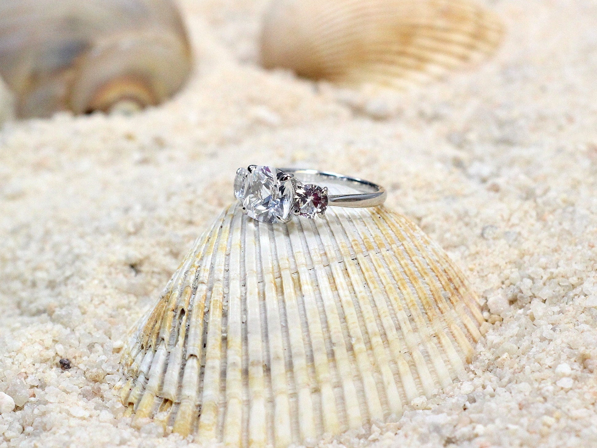 White Sapphire Engagement Ring,Cushion Cut Ring,3 Gem Stone ring,Aphrodite,3ct Ring,White Sapphire Ring,White Yellow Rose Gold,Plt BellaMoreDesign.com