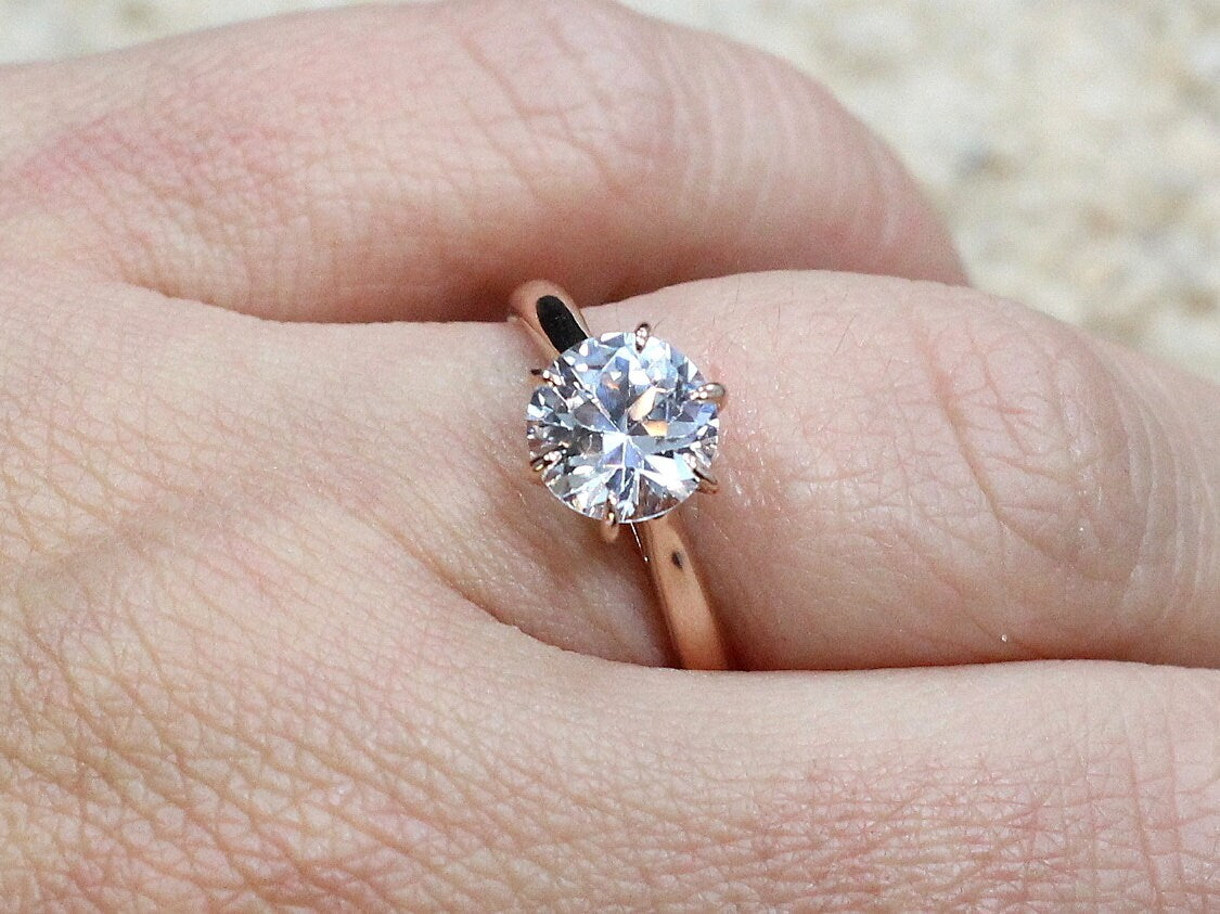 White Sapphire Engagement Ring,Dinlas,6 prong Ring,Solitaire Ring,White Sapphire Ring,Sapphire Ring,White-Yellow-Rose Gold-10k-14k-18k-Plt BellaMoreDesign.com
