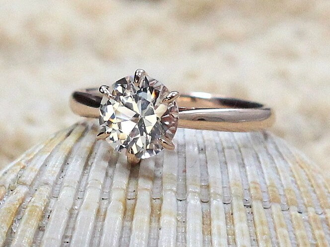 White Sapphire Engagement Ring,Dinlas,6 prong Ring,Solitaire Ring,White Sapphire Ring,Sapphire Ring,White-Yellow-Rose Gold-10k-14k-18k-Plt BellaMoreDesign.com