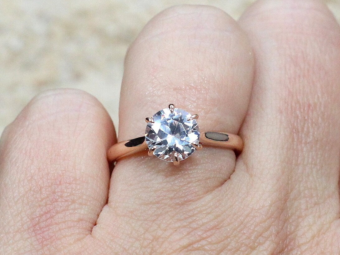 White Sapphire Engagement Ring,Dinlas,6 prong Ring,Solitaire Ring,White Sapphire Ring,Sapphire Ring,White-Yellow-Rose Gold-10k-14k-18k-Plt BellaMoreDesign.com