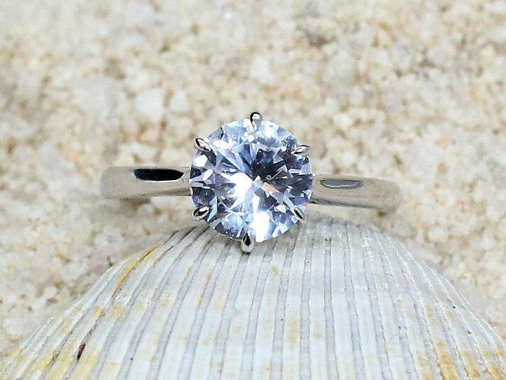 White Sapphire Engagement Ring,Dinlas,6 prong Ring,Solitaire Ring,White Sapphire Ring,Sapphire Ring,White-Yellow-Rose Gold-10k-14k-18k-Plt BellaMoreDesign.com