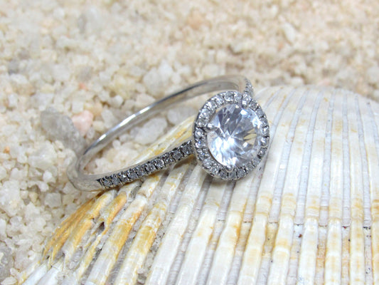White Sapphire Engagement Ring, Round Diamonds Halo, Pricus, 1ct, 6mm, Promise Ring, Gift For Her BellaMoreDesign.com
