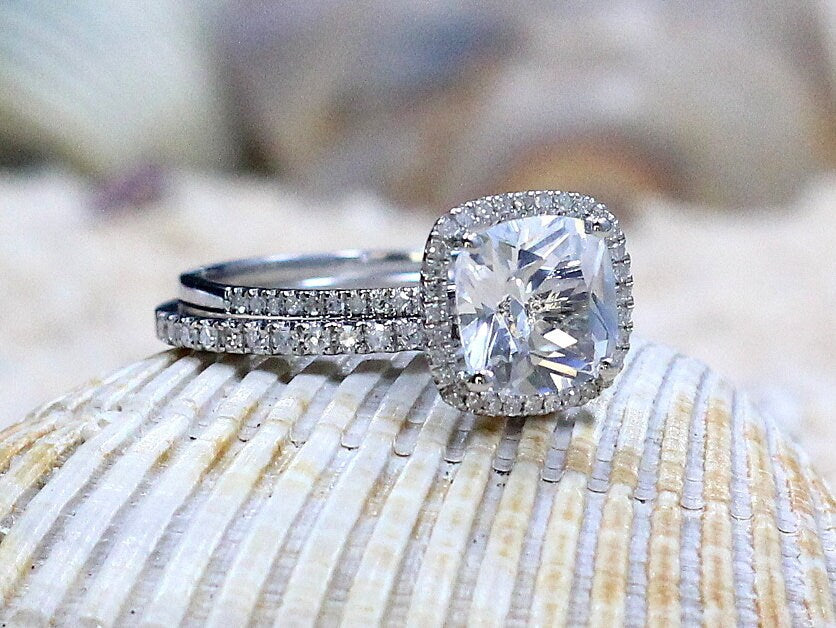 White Sapphire Engagement Ring Set, Cushion Halo ,Wedding Band Set, Cuscino, 3ct, 8mm, gift for her, promise ring BellaMoreDesign.com