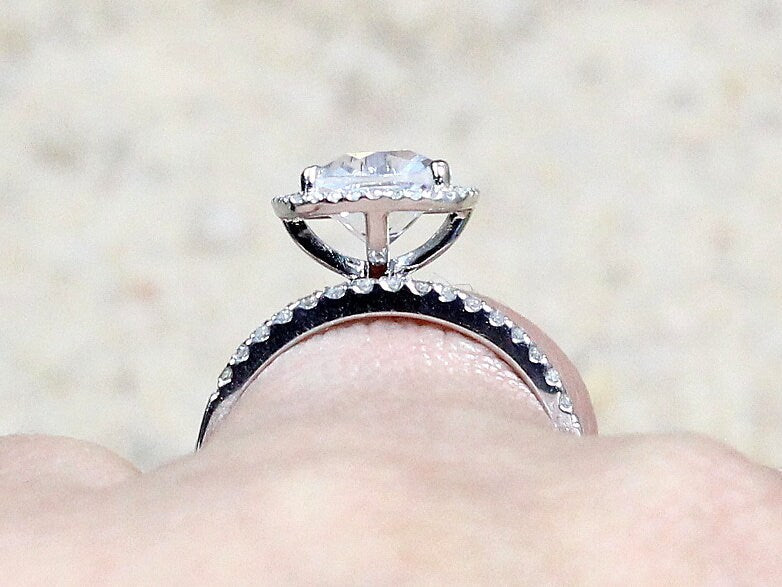 White Sapphire Engagement Ring Set, Cushion Halo ,Wedding Band Set, Cuscino, 3ct, 8mm, gift for her, promise ring BellaMoreDesign.com