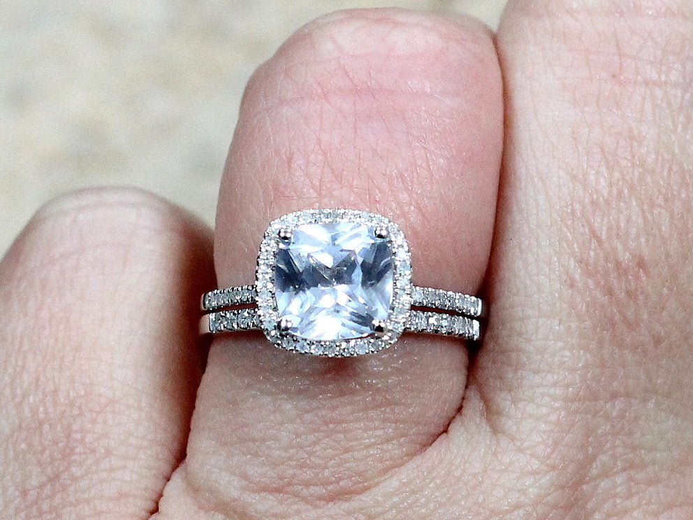 White Sapphire Engagement Ring Set, Cushion Halo ,Wedding Band Set, Cuscino, 3ct, 8mm, gift for her, promise ring BellaMoreDesign.com