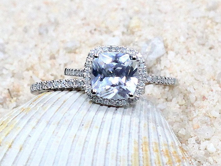 White Sapphire Engagement Ring Set, Cushion Halo ,Wedding Band Set, Cuscino, 3ct, 8mm, gift for her, promise ring BellaMoreDesign.com