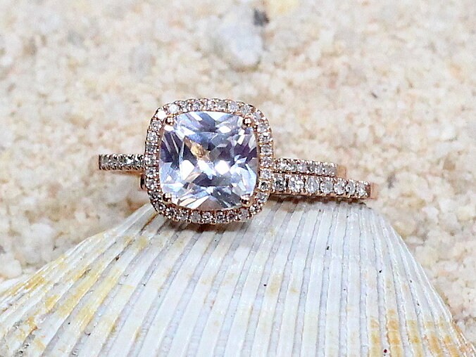 White Sapphire Engagement Ring Set, Cushion Halo ,Wedding Band Set, Cuscino, 3ct, 8mm, gift for her, promise ring BellaMoreDesign.com