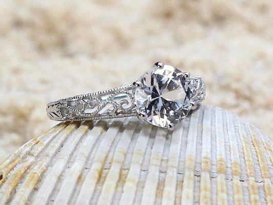 White Sapphire Engagement Ring,Vintage,Antique,Filigree,2ct,Polymnia BellaMoreDesign.com