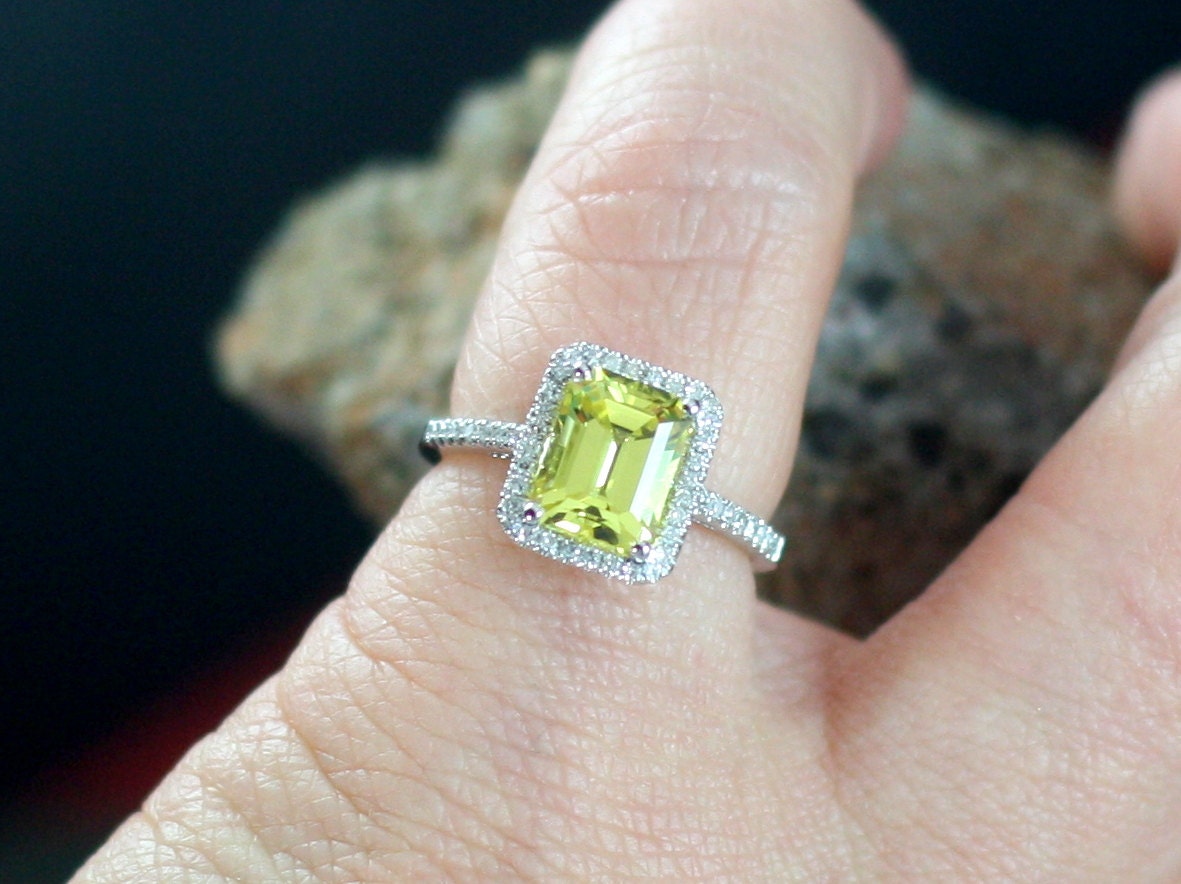 Yellow Sapphire & Diamonds Halo Engagement Ring Emerald cut Hemera 2ct 8x6mm Custom Size White-Yellow-Rose Gold-10k-14k-18k-Platinum BellaMoreDesign.com