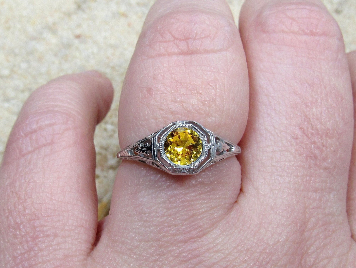 Yellow Sapphire Engagement Ring, Vintage, Antique, Filigree, Round cut, Kassandra, .75ct, 5mm,Gift For Her,Gold-Plt BellaMoreDesign.com