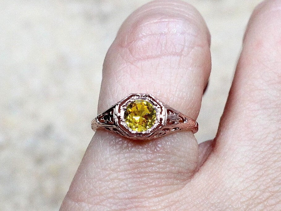 Yellow Sapphire Engagement Ring, Vintage, Antique, Filigree, Round cut, Kassandra, .75ct, 5mm,Gift For Her,Gold-Plt BellaMoreDesign.com