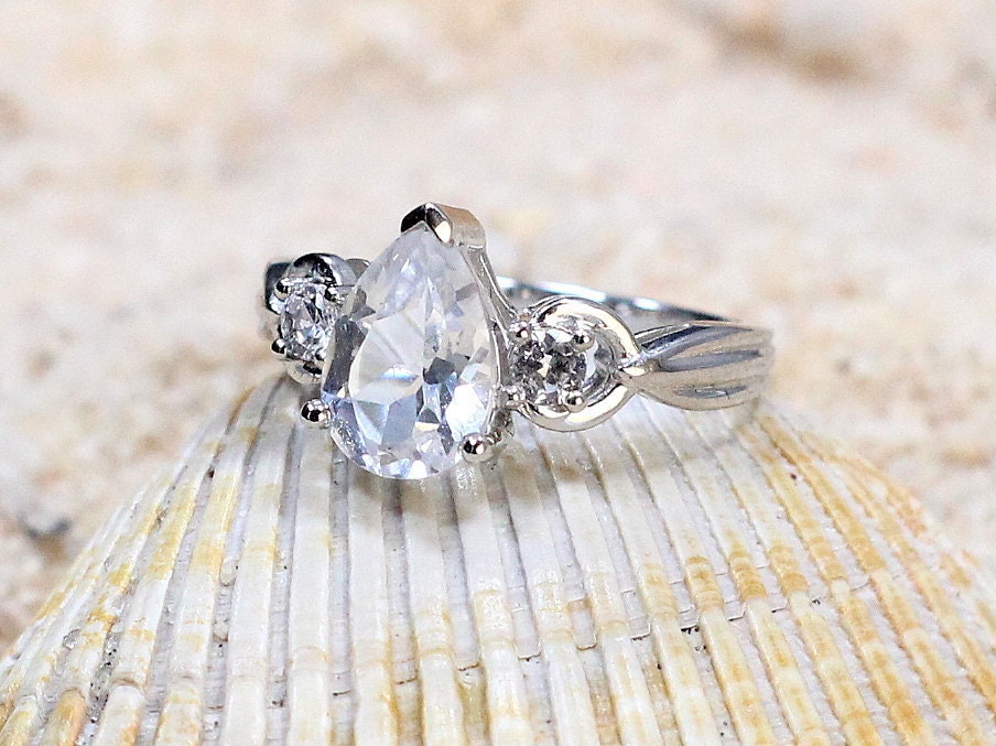 1.75ct Mira 9x7mm White Sapphire 3 Gemstone Pear Cut Engagement Ring