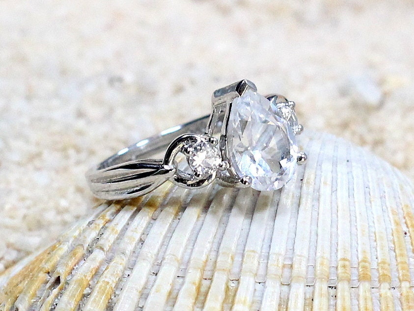 1.75ct Mira 9x7mm White Sapphire 3 Gemstone Pear Cut Engagement Ring BellaMoreDesign.com