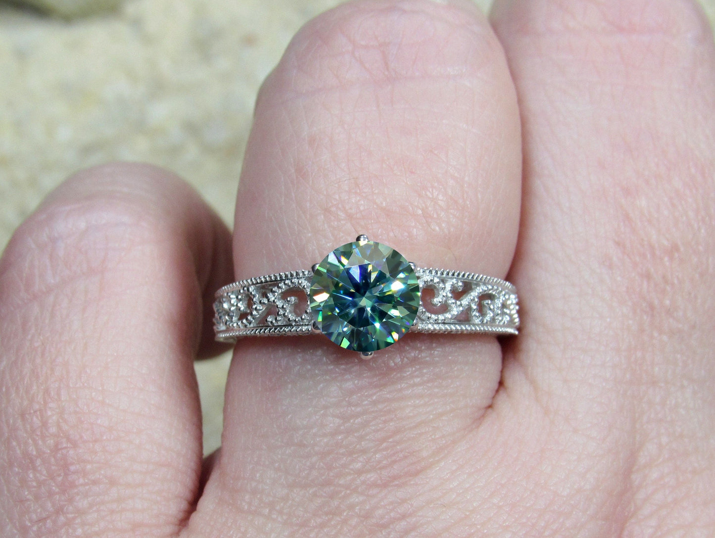 1ct 6mm Vintage Blue Moissanite Engagement Ring, Simulated Diamond,Antique Style Filigree Round Polymnia Petite  White-Yellow-Rose Gold-Plt BellaMoreDesign.com