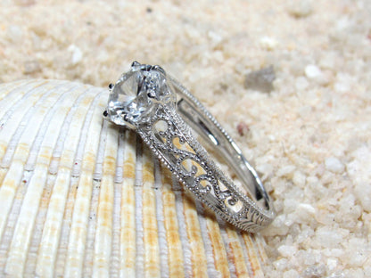 1ct 6mm Vintage Blue Moissanite Engagement Ring, Simulated Diamond,Antique Style Filigree Round Polymnia Petite  White-Yellow-Rose Gold-Plt BellaMoreDesign.com