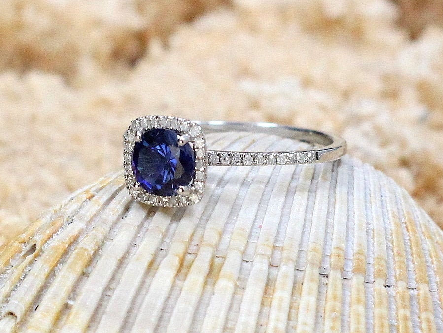 1ct Cuscino Petite 6mm Blue Sapphire Engagement Ring, Cushion Halo BellaMoreDesign.com