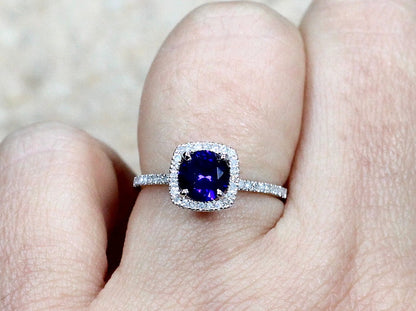 1ct Cuscino Petite 6mm Blue Sapphire Engagement Ring, Cushion Halo BellaMoreDesign.com