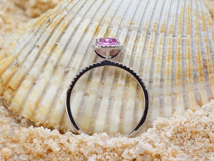 1ct Cuscino Petite 6mm Pink Sapphire Cushion Halo & Diamond Accent Engagement Ring BellaMoreDesign.com