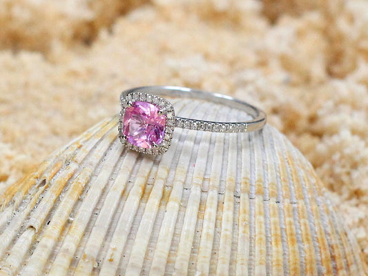 1ct Cuscino Petite 6mm Pink Sapphire Cushion Halo & Diamond Accent Engagement Ring BellaMoreDesign.com