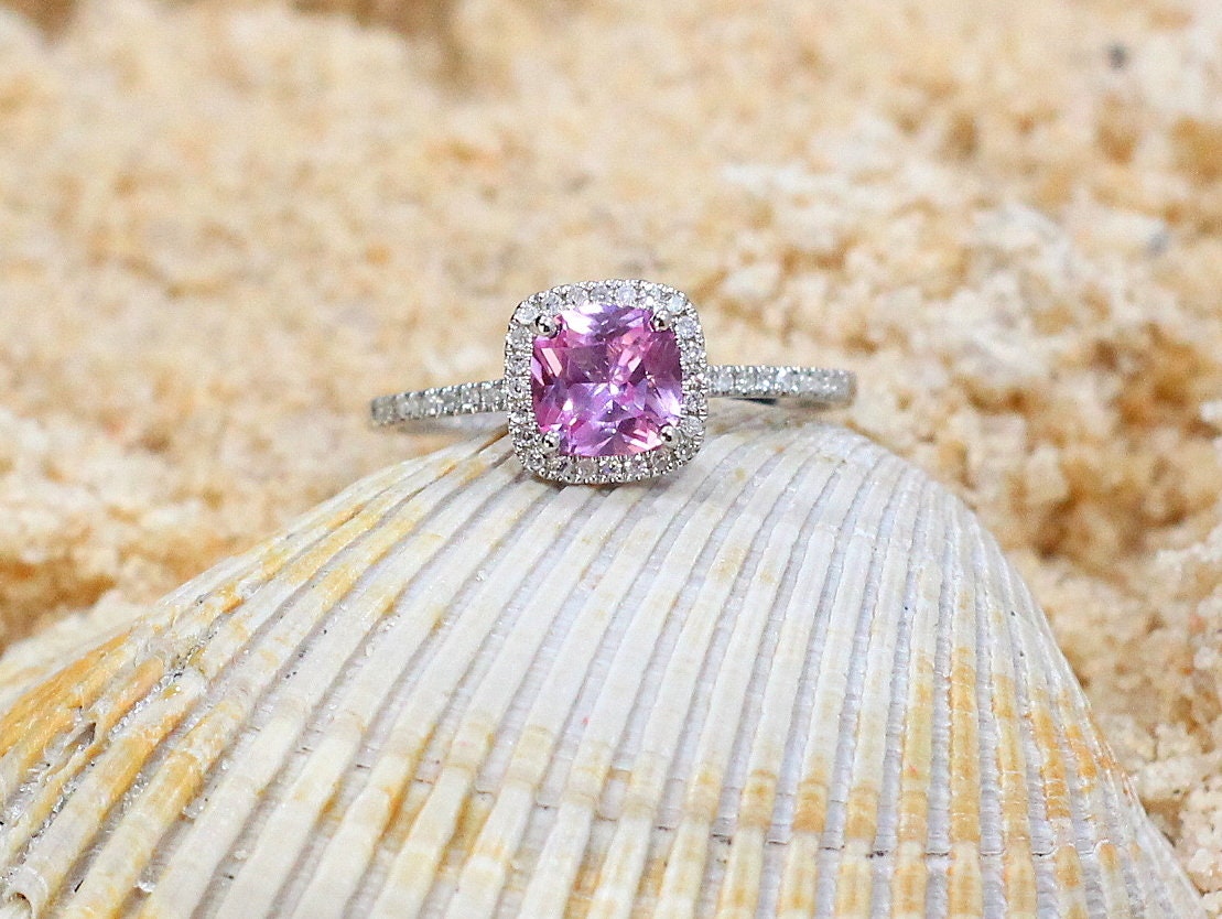 1ct Cuscino Petite 6mm Pink Sapphire Cushion Halo & Diamond Accent Engagement Ring BellaMoreDesign.com