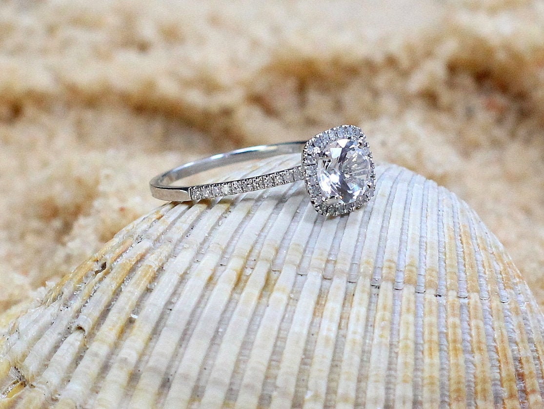 1ct Cuscino Petite 6mm White Cushion Sapphire & Diamond Accent Halo Engagement Ring