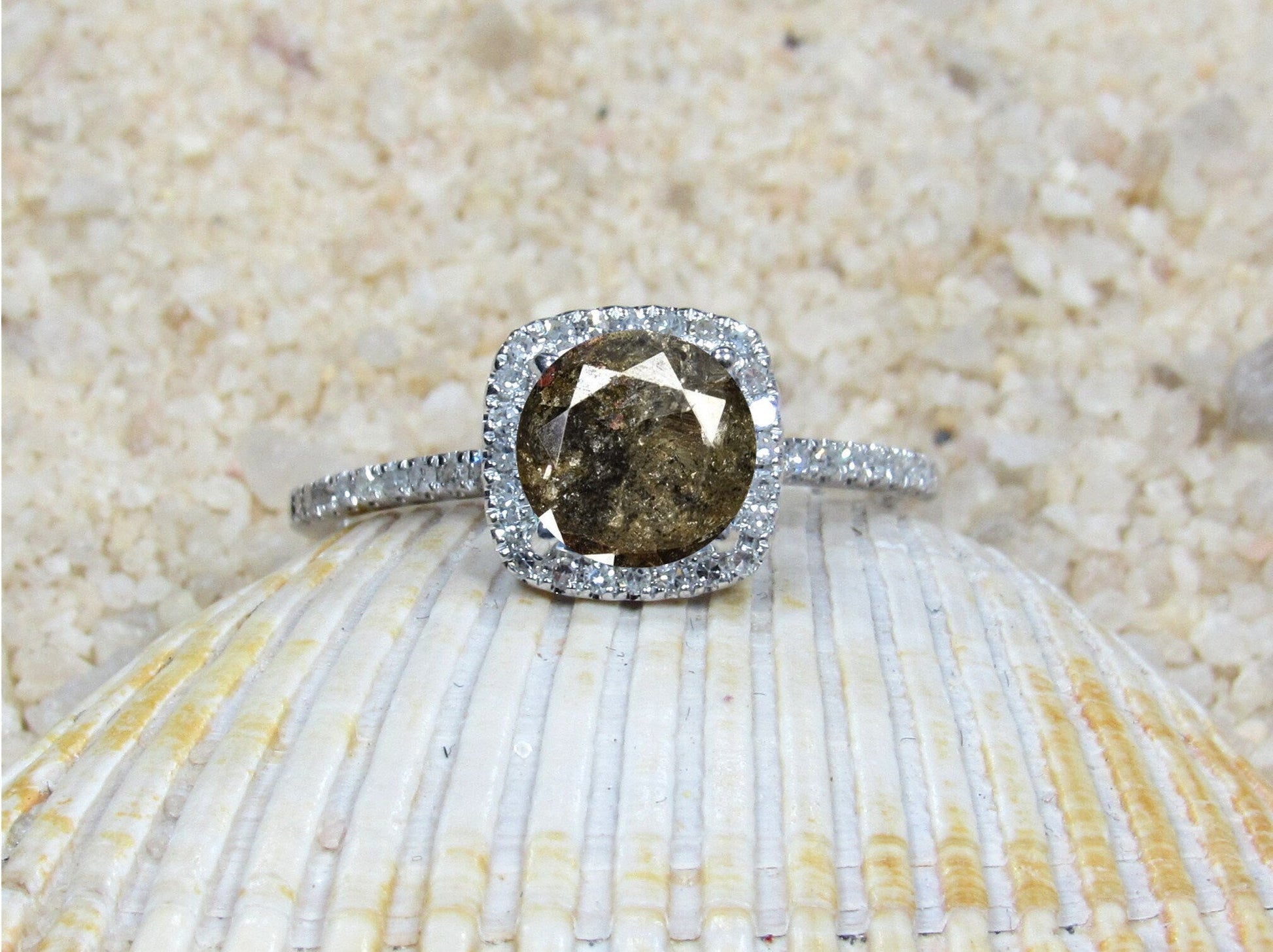 1ct Cuscino Petite Brown Diamond Round Engagement Ring, Cushion Halo Ring BellaMoreDesign.com