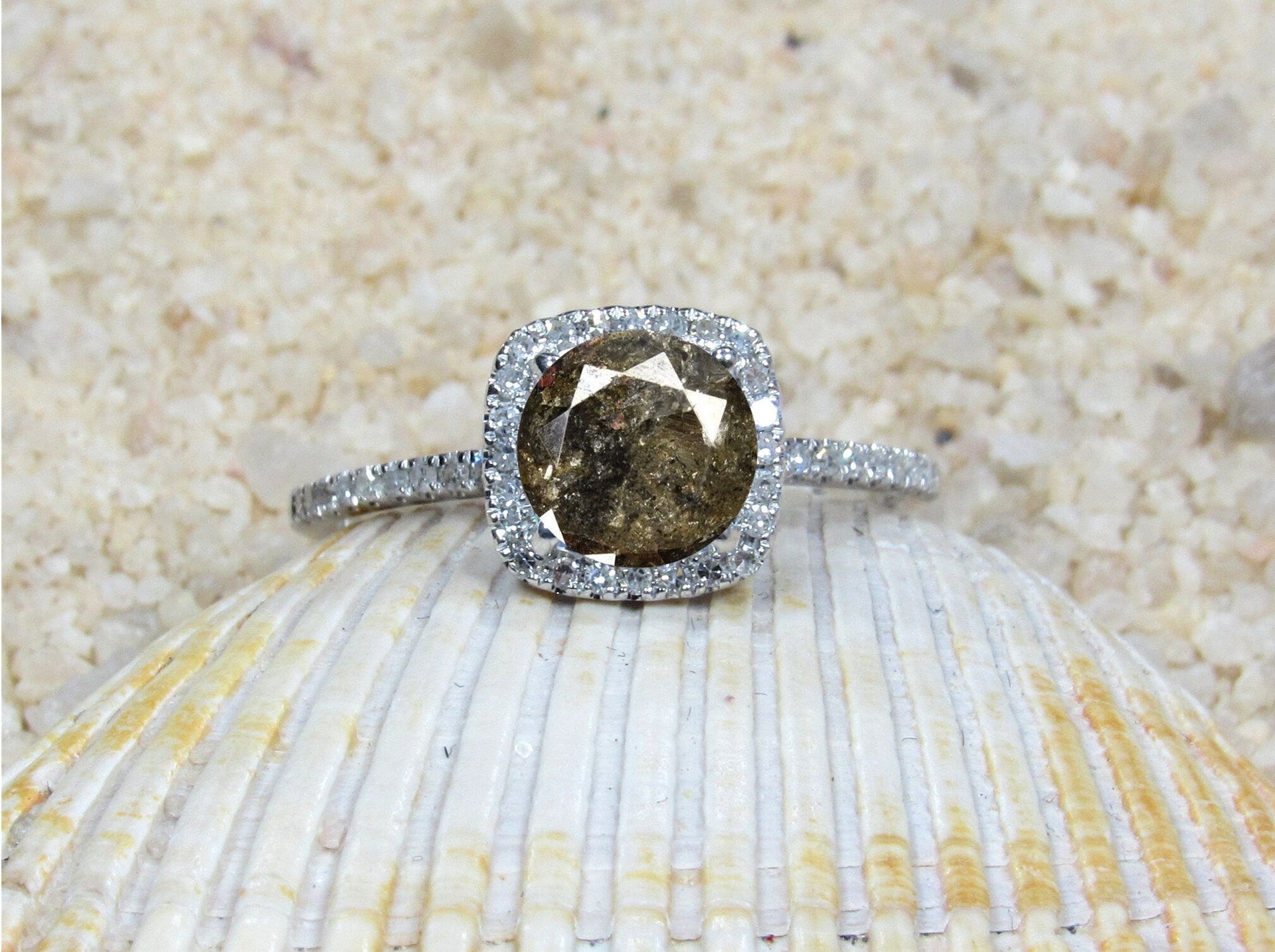 1ct Cuscino Petite Brown Diamond Round Engagement Ring, Cushion Halo Ring
