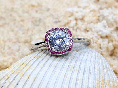 1ct Doris 6mm White Sapphire Engagement Ring, Ruby Cushion Halo BellaMoreDesign.com