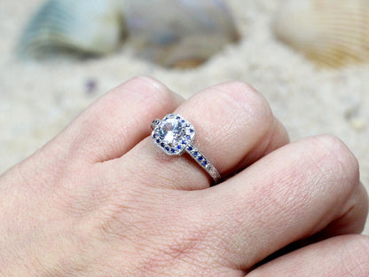 1ct Lab Created Diamond Ring, Blue Sapphire Ring, Cushion Halo, Milgrain Ring, 6mm Lab Grown Diamond Engagement Ring, Peitha BellaMoreDesign.com