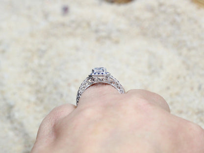 1ct Lab Created Diamond Ring, Blue Sapphire Ring, Cushion Halo, Milgrain Ring, 6mm Lab Grown Diamond Engagement Ring, Peitha BellaMoreDesign.com
