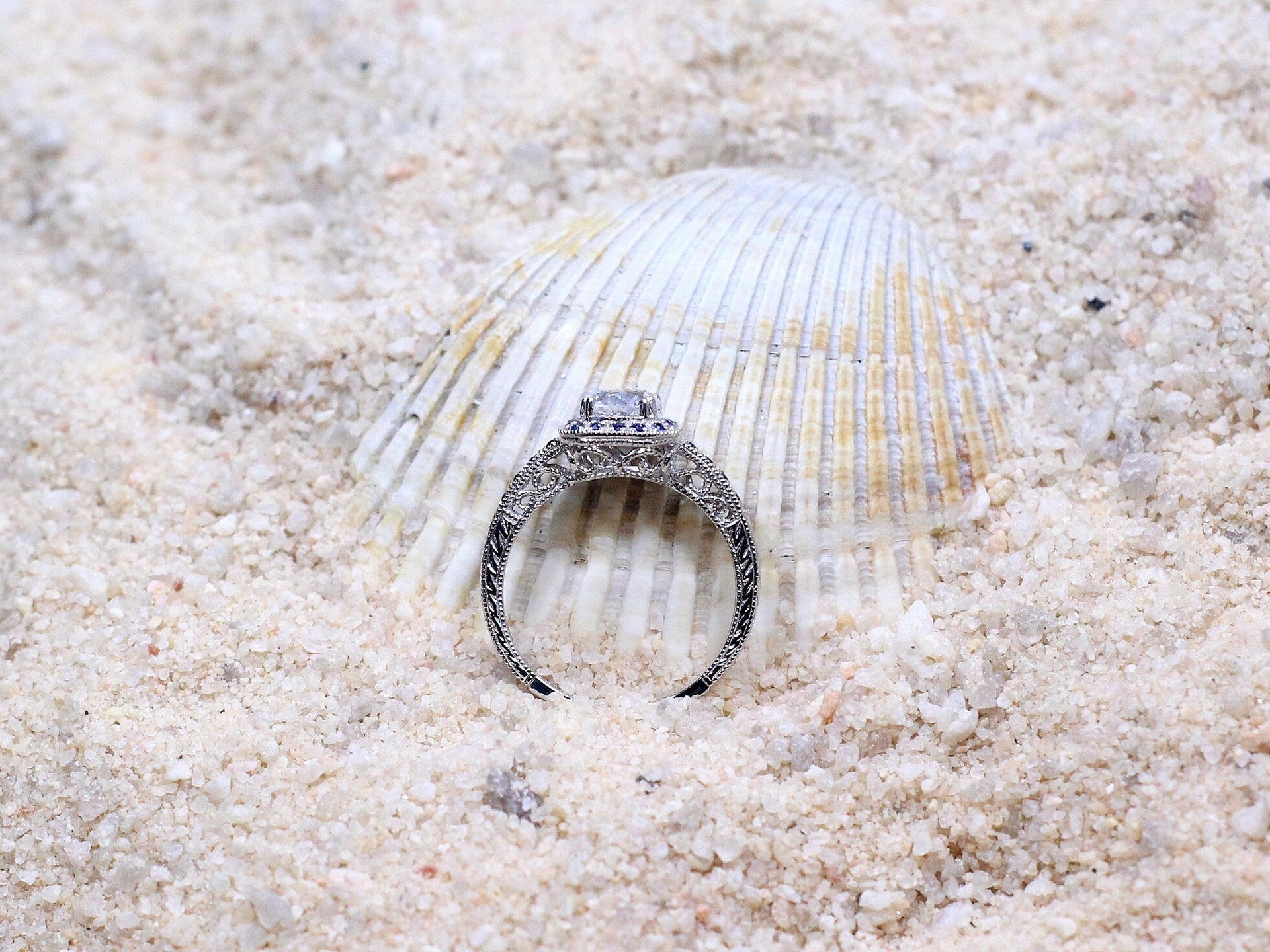 1ct Lab Created Diamond Ring, Blue Sapphire Ring, Cushion Halo, Milgrain Ring, 6mm Lab Grown Diamond Engagement Ring, Peitha