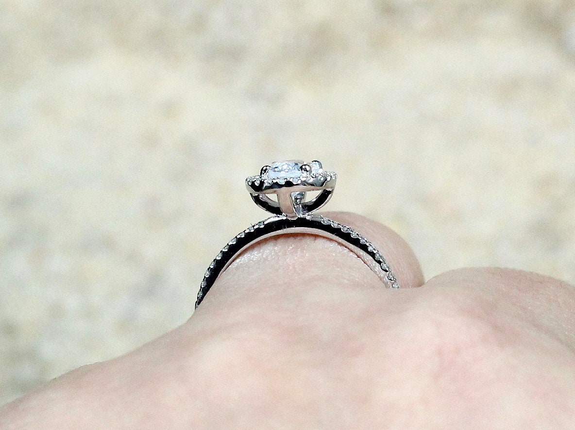 1ct Lab Created Diamond Ring, Lab Grown Diamond Oval Halo Engagement Ring, Petite Basket, 7x5mm Lab Diamond, Ovale BellaMoreDesign.com