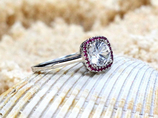 1ct Lab Diamond Engagement Ring, Ruby Cushion Halo, Lab Grown Diamond Ring, Lab Created Diamond Ring, Doris BellaMoreDesign.com