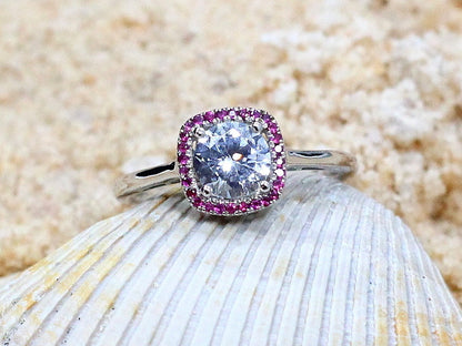 1ct Lab Diamond Engagement Ring, Ruby Cushion Halo, Lab Grown Diamond Ring, Lab Created Diamond Ring, Doris BellaMoreDesign.com