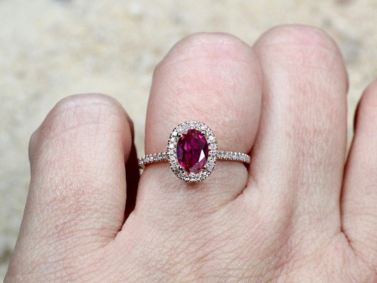 1ct Ovale 7x5mm Red Ruby & Diamonds Oval Halo Engagement Ring BellaMoreDesign.com