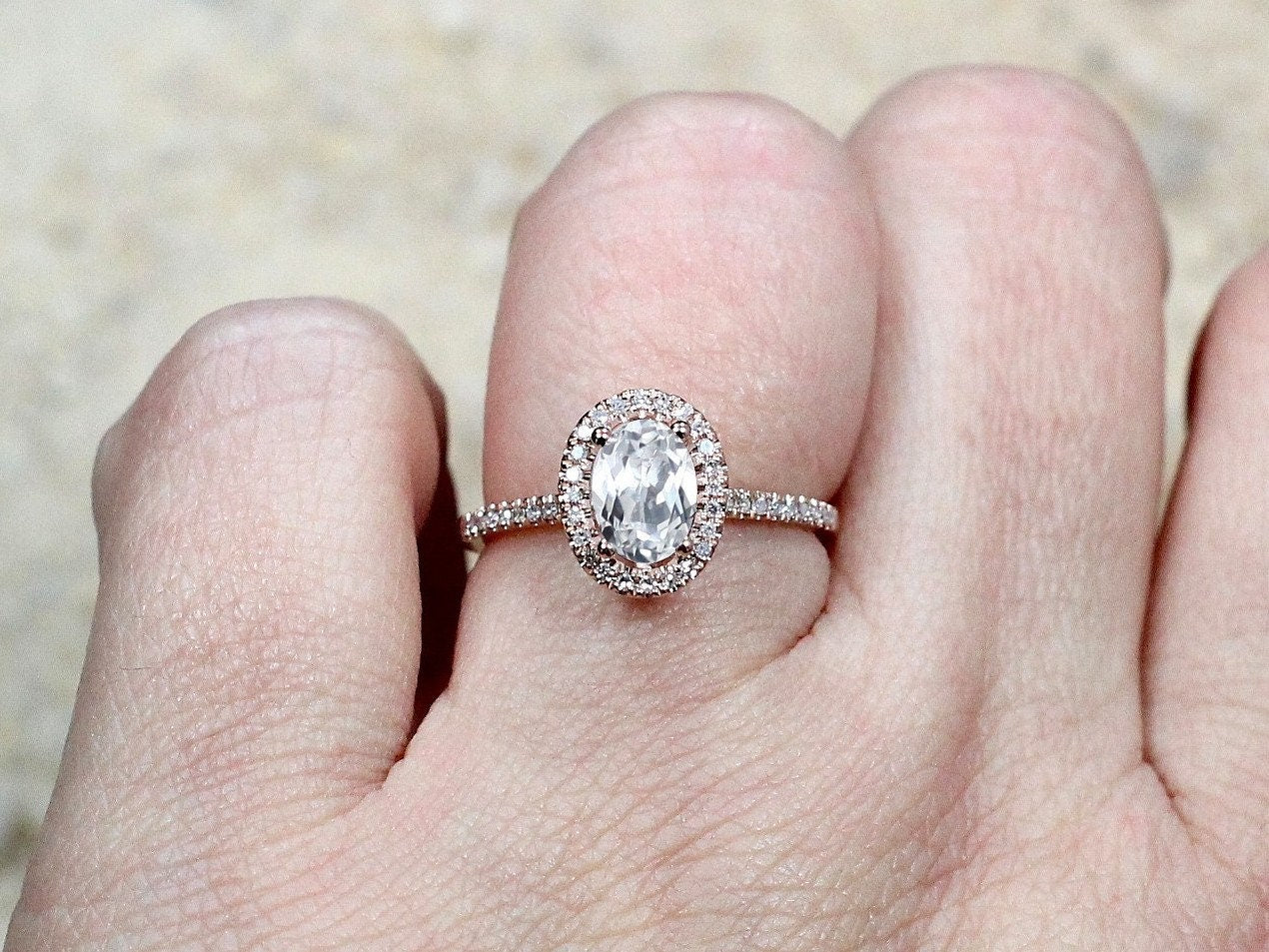 1ct Ovale 7x5mm White Topaz & Diamond Halo Engagement Ring. BellaMoreDesign.com