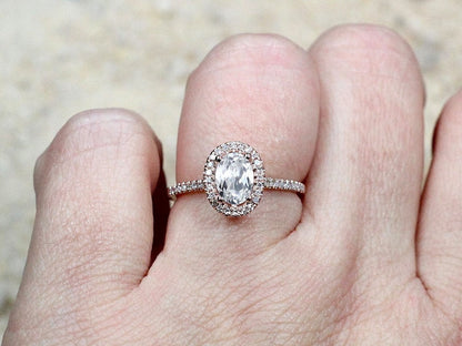 1ct Ovale 7x5mm White Topaz & Diamond Halo Engagement Ring. BellaMoreDesign.com