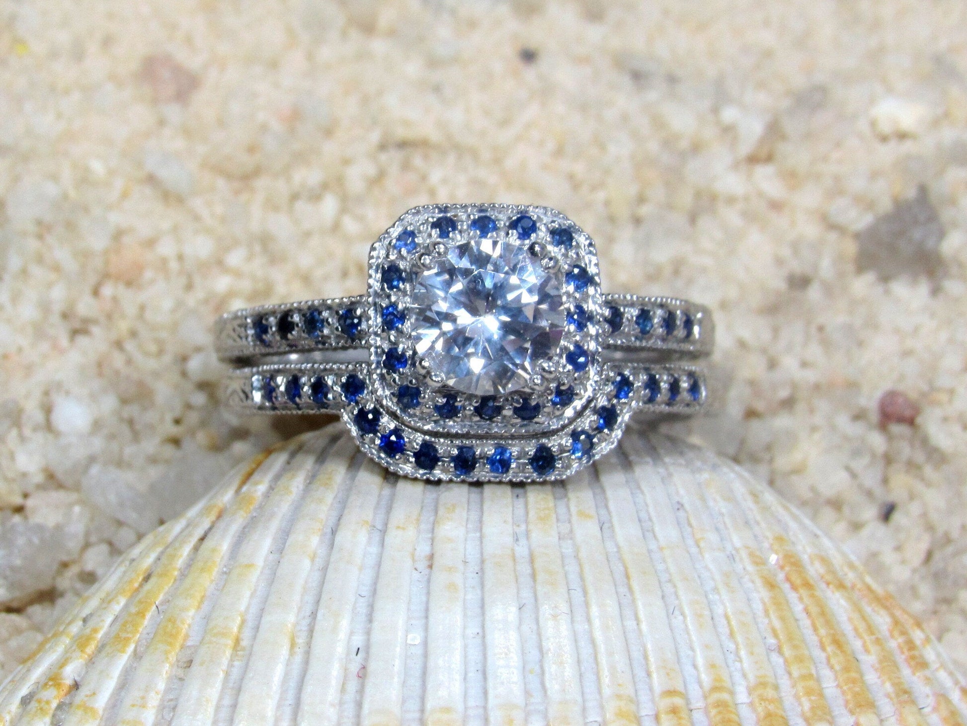 1ct Peitha 6mm White Sapphire Engagement Ring & Blue Sapphire Cushion Halo Milgrain Vintage Ring Wedding Band Set BellaMoreDesign.com