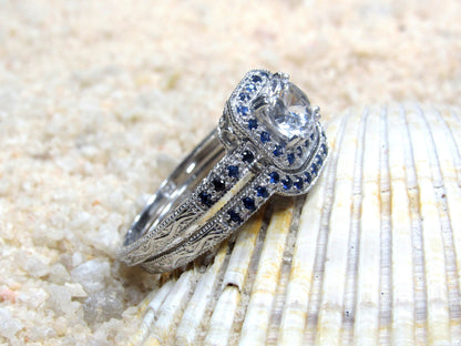 1ct Peitha 6mm White Sapphire Engagement Ring & Blue Sapphire Cushion Halo Milgrain Vintage Ring Wedding Band Set BellaMoreDesign.com