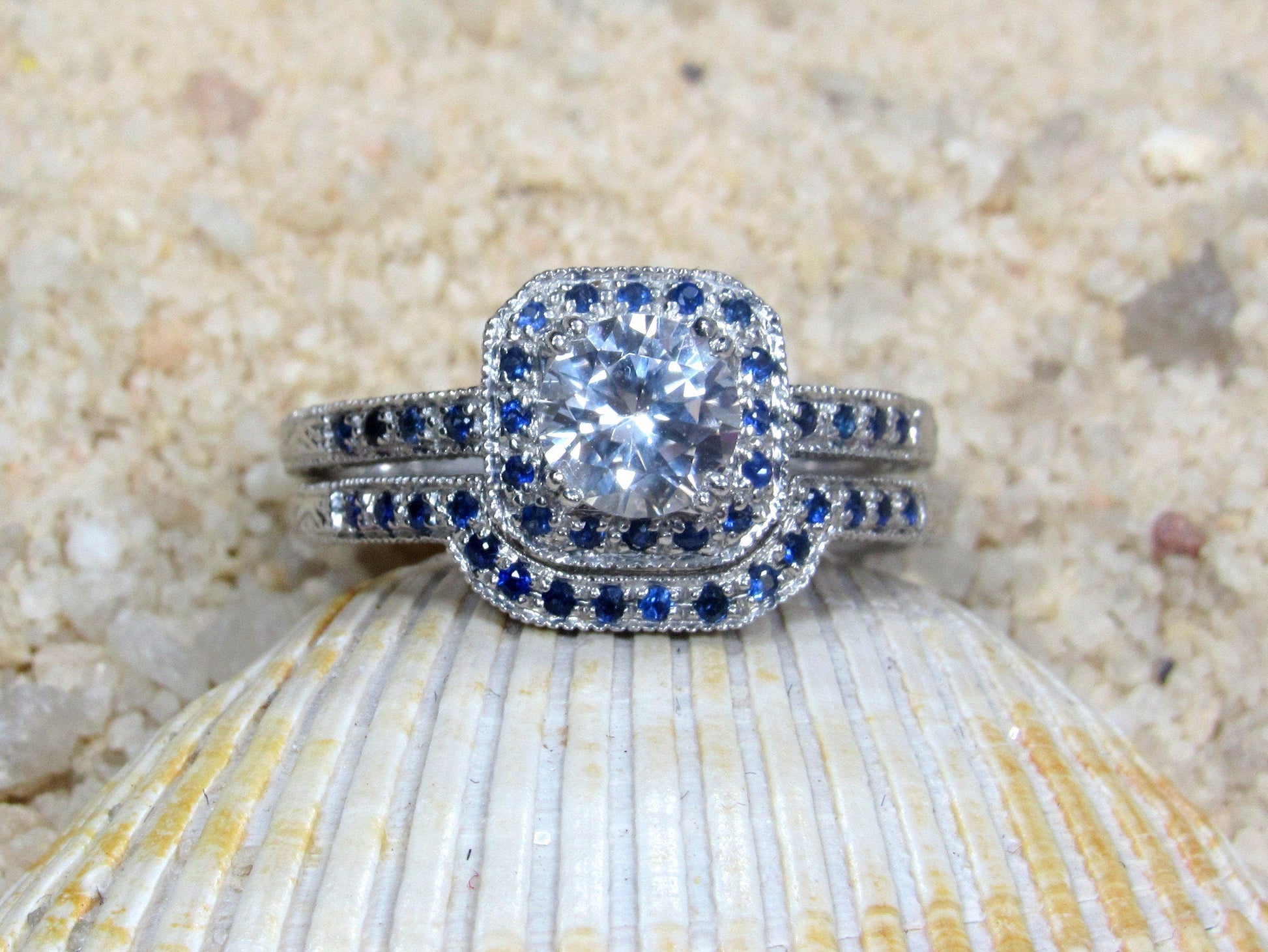 1ct Peitha 6mm White Sapphire and Ruby Cushion Halo Engagement Ring Set Milgrain Vintage Wedding Band BellaMoreDesign.com