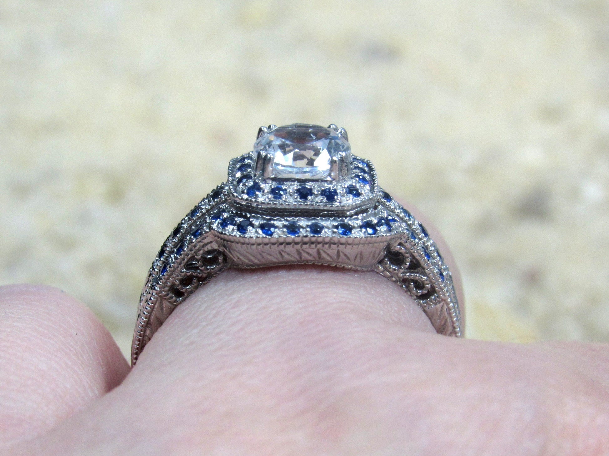 1ct Peitha 6mm White Sapphire and Ruby Cushion Halo Engagement Ring Set Milgrain Vintage Wedding Band BellaMoreDesign.com