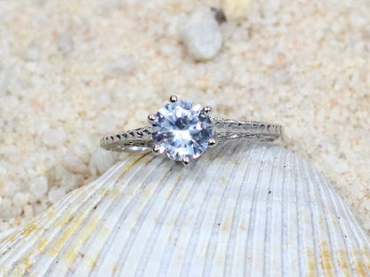 1ct Rhemba 6mm White Sapphire Engagement Ring, Antique, Filigree, Vintage BellaMoreDesign.com
