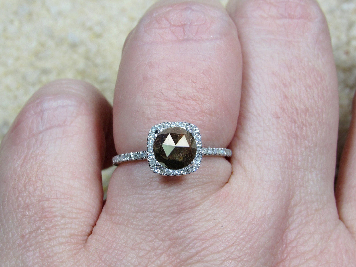 1ct Rose cut Brown Diamond Round Engagement Ring, Cushion Halo Ring, Cuscino Petite BellaMoreDesign.com