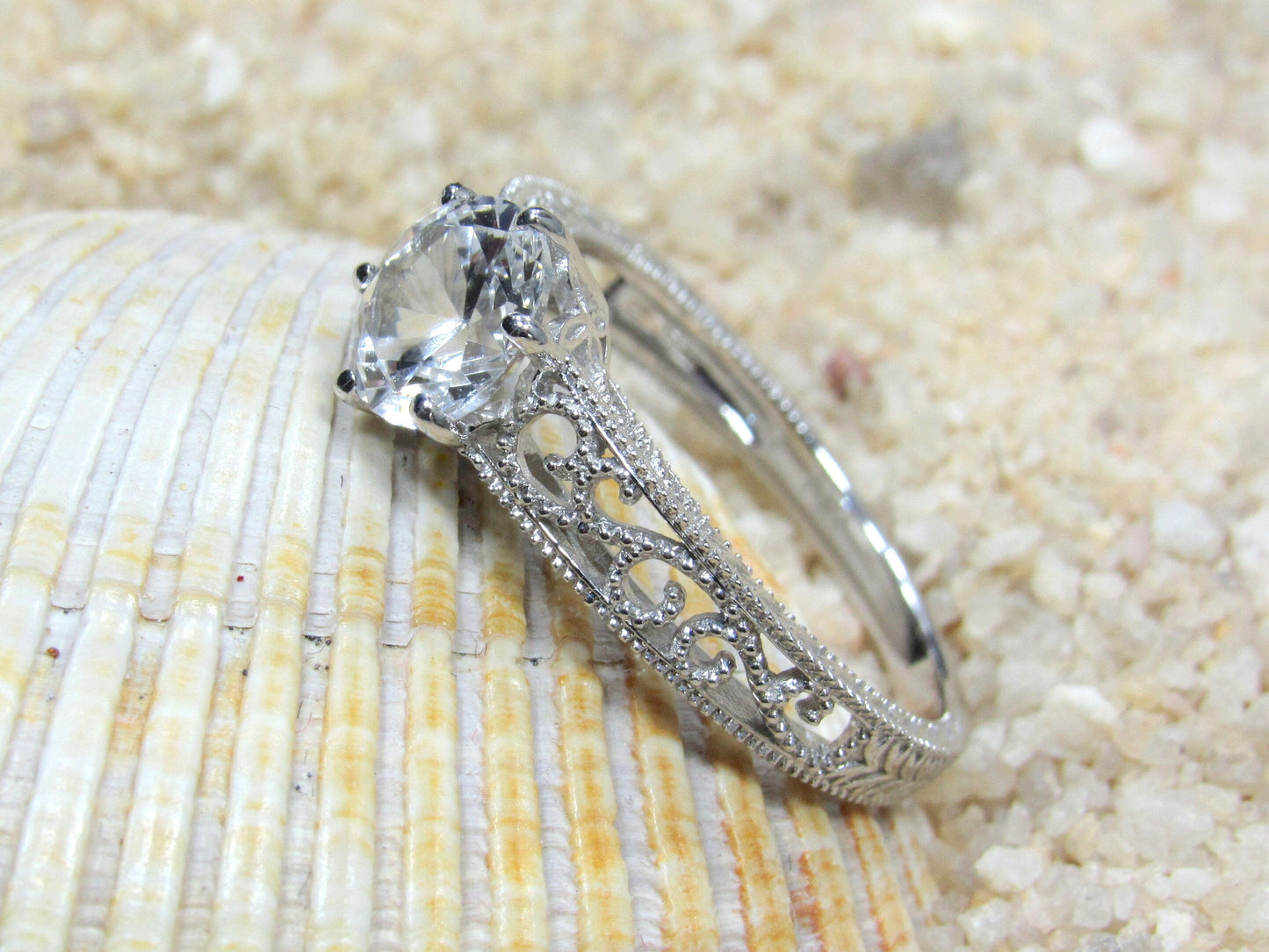 1ct Vintage Blue Sapphire Engagement Ring Antique Style Filigree Round Polymnia Petite Custom White-Yellow-Rose Gold-10k-14k-18k-Plat 6mm BellaMoreDesign.com