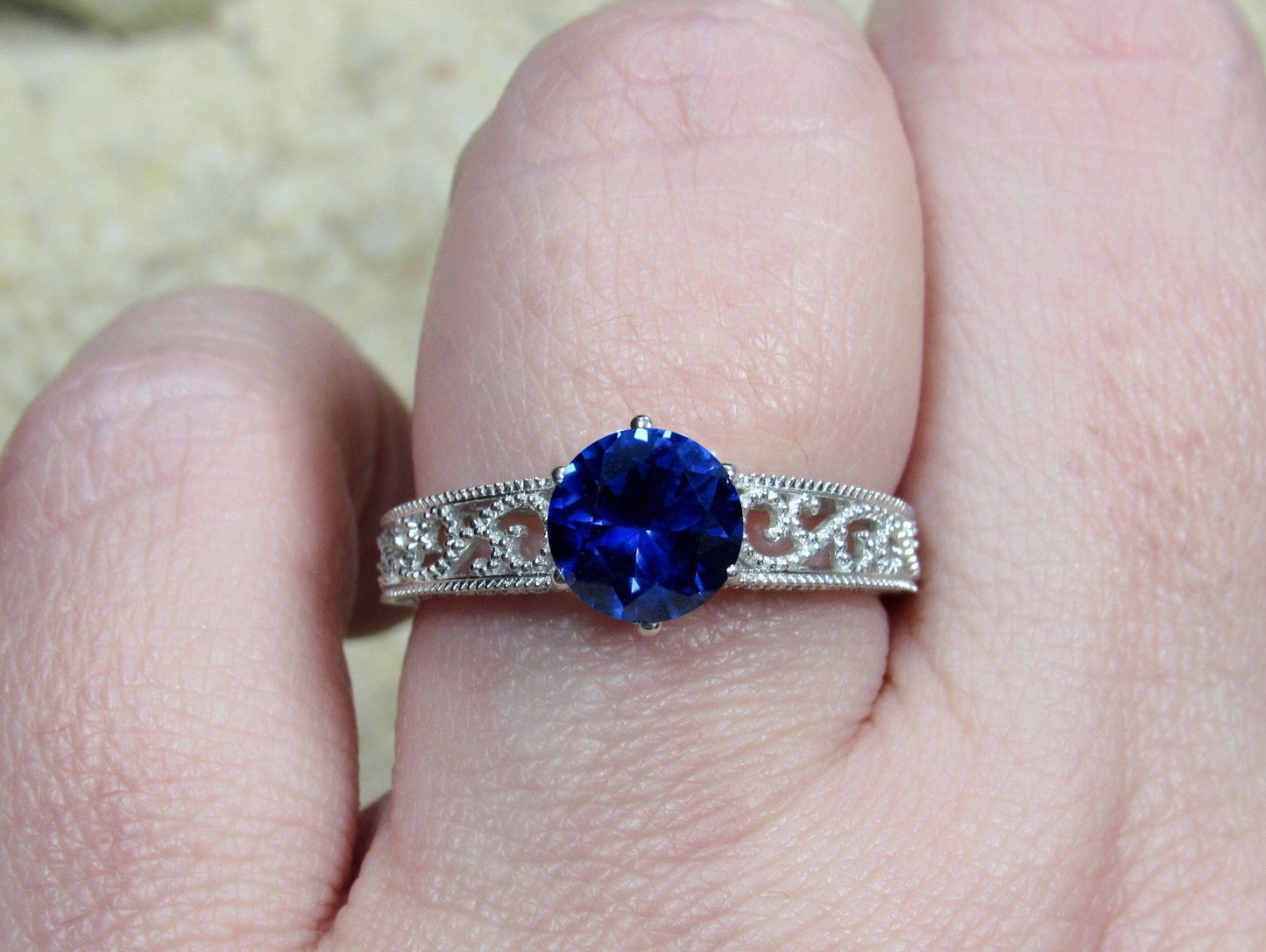 1ct Vintage Blue Sapphire Engagement Ring Antique Style Filigree Round Polymnia Petite Custom White-Yellow-Rose Gold-10k-14k-18k-Plat 6mm BellaMoreDesign.com