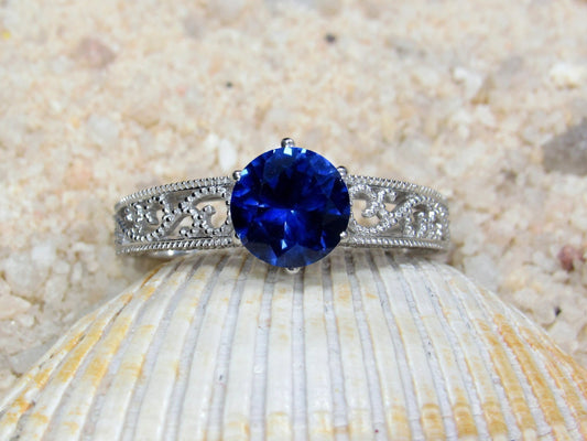 1ct Vintage Blue Sapphire Engagement Ring Antique Style Filigree Round Polymnia Petite Custom White-Yellow-Rose Gold-10k-14k-18k-Plat 6mm BellaMoreDesign.com