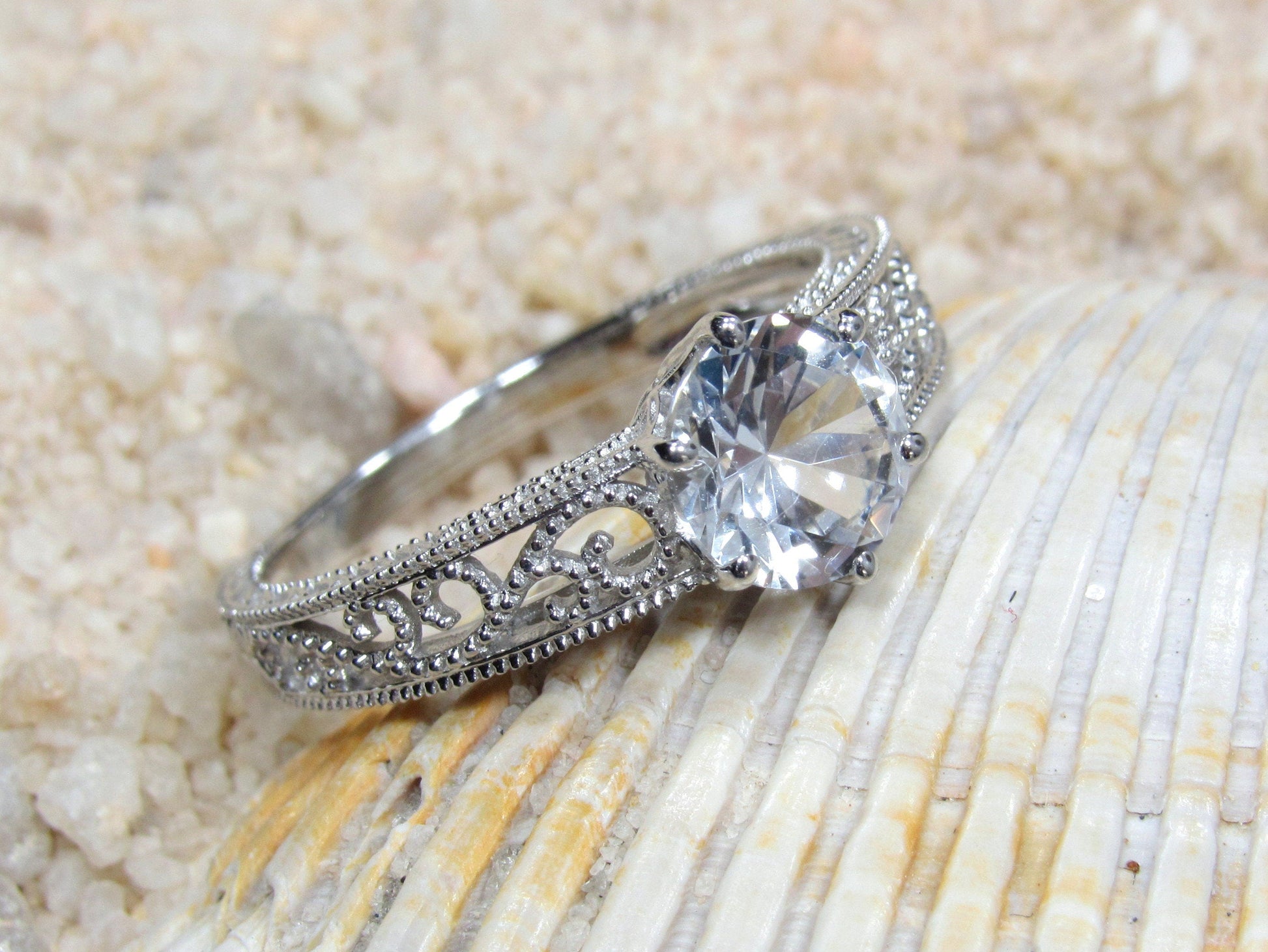 1ct Vintage Emerald Engagement Ring Antique Style Filigree Round Polymnia Petite Custom White-Yellow-Rose Gold-10k-14k-18k-Plat 6mm BellaMoreDesign.com