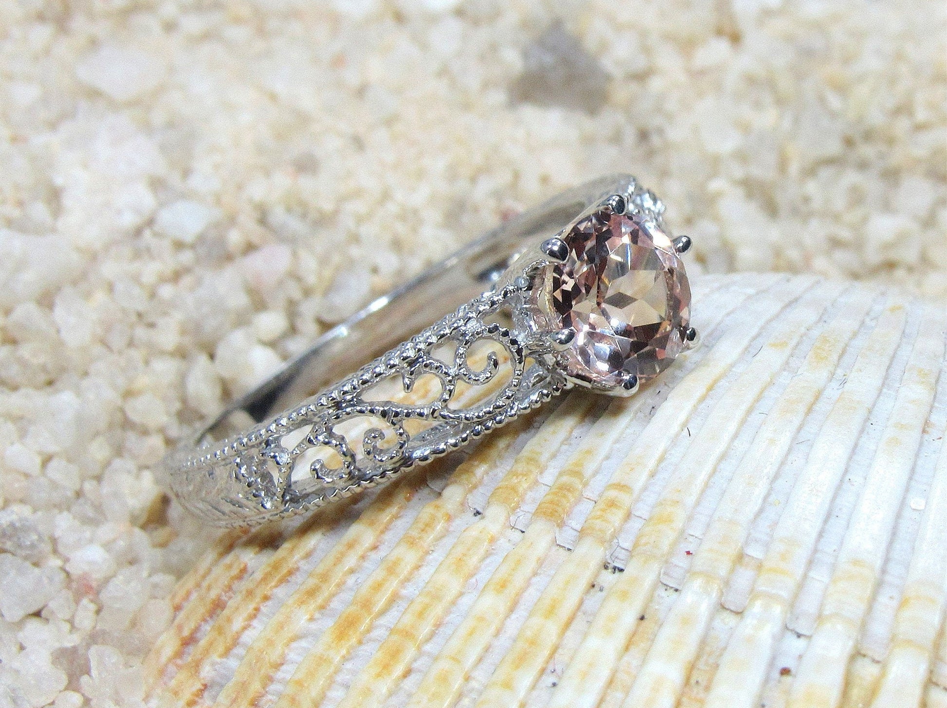 1ct Vintage Peach Sapphire Engagement Ring Antique Style Filigree Round Polymnia Petite Custom White-Yellow-Rose Gold-10k-14k-18k-Plat 6mm BellaMoreDesign.com