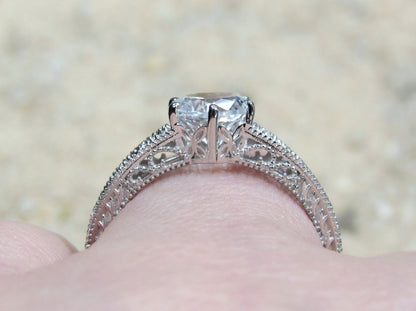 1ct Vintage White Sapphire Engagement Ring Antique Style Filigree Round Polymnia Petite Custom White-Yellow-Rose Gold-10k-14k-18k-Plat 6mm BellaMoreDesign.com