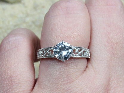 1ct Vintage White Sapphire Engagement Ring Antique Style Filigree Round Polymnia Petite Custom White-Yellow-Rose Gold-10k-14k-18k-Plat 6mm BellaMoreDesign.com